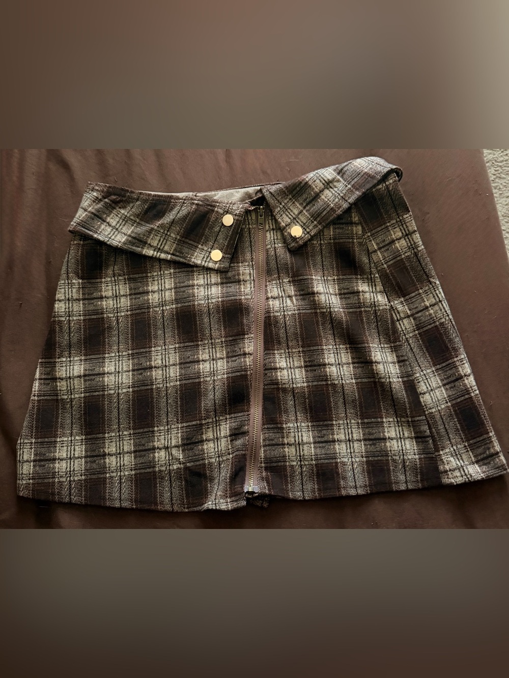 SHEIN Brown Plaid Mini Skirt with Front Zip